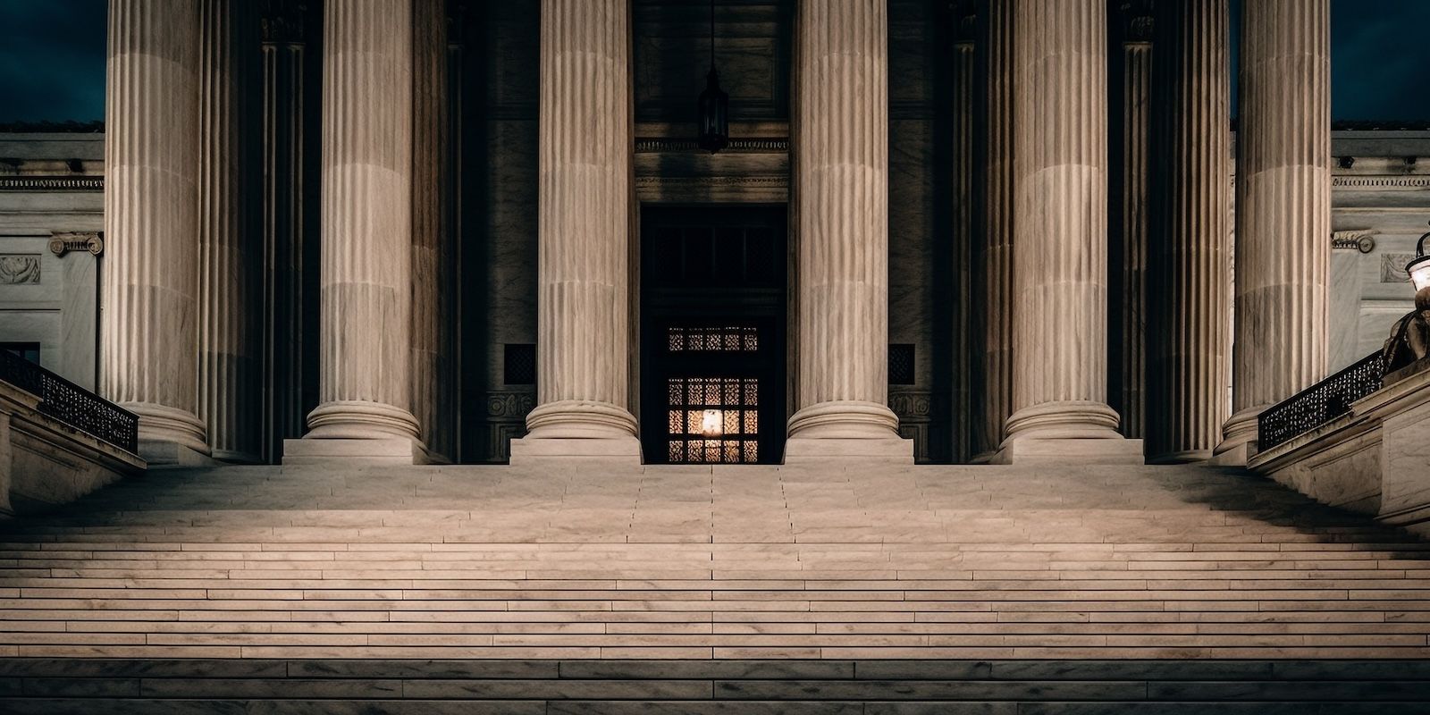 A photo of a courthouse facade illuminated at night