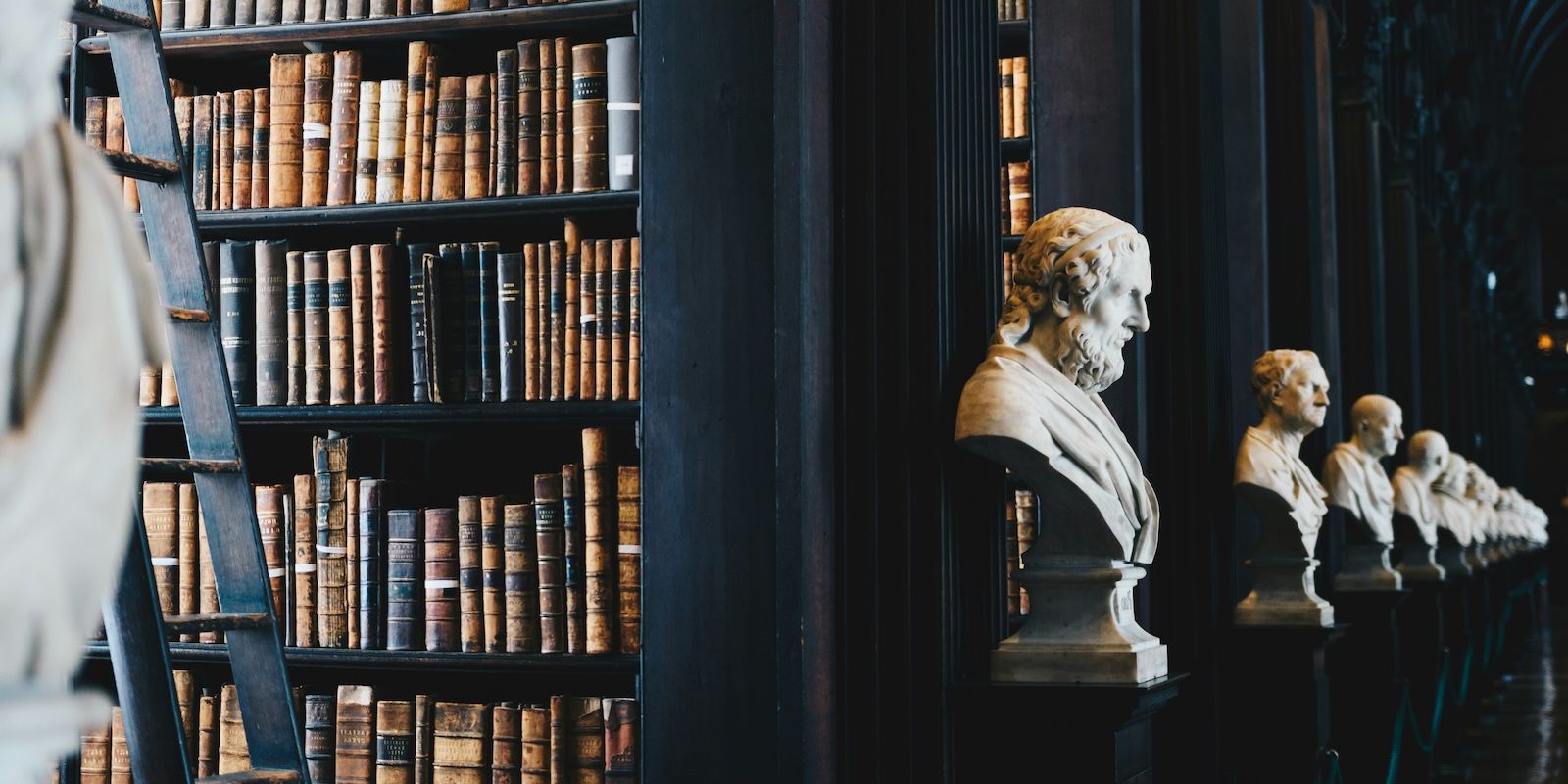 A photo of an old library lined with old books and the bust sculptures of great intellectual contributors.