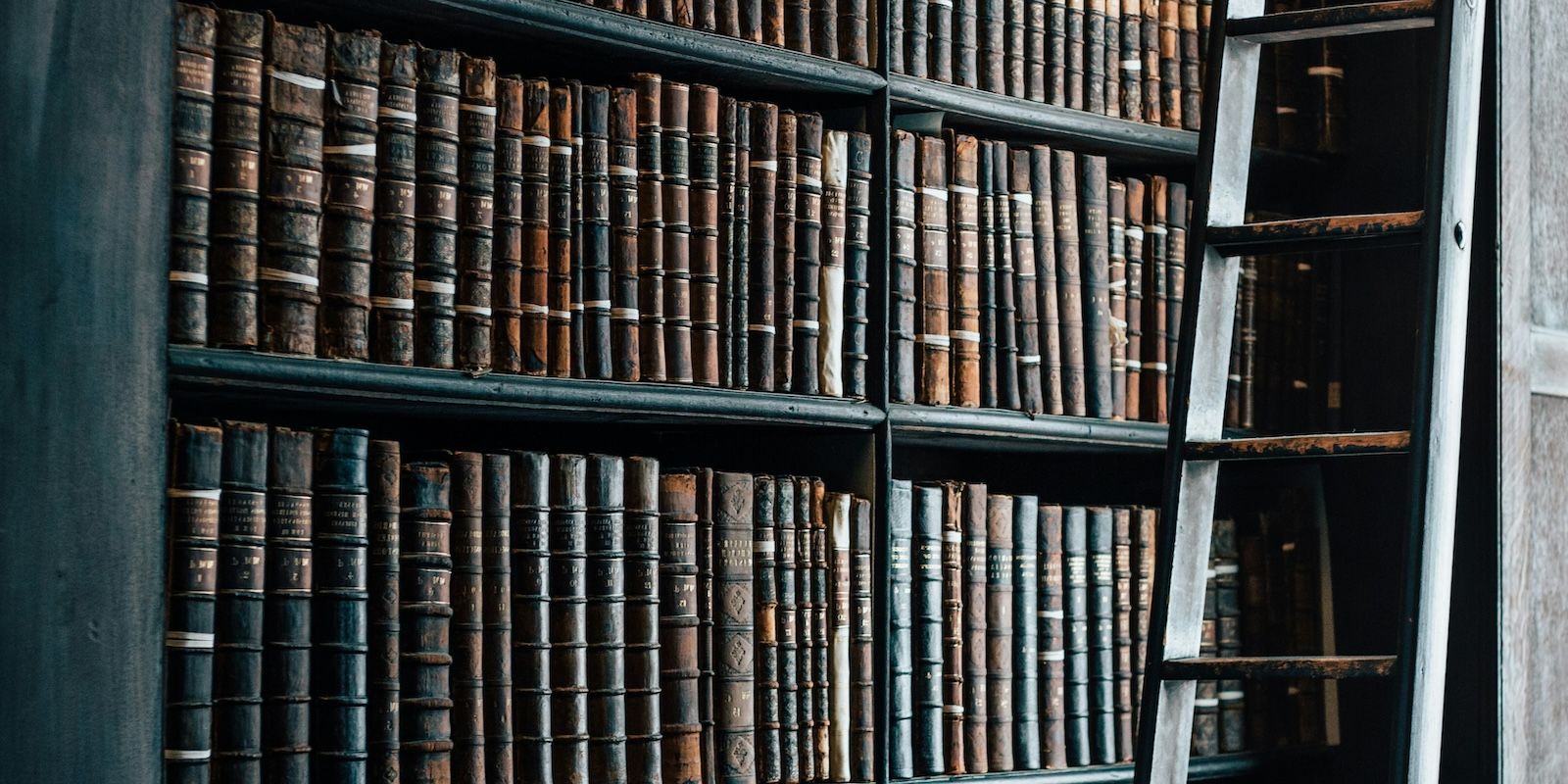 A photo of a library shelf and old books and shelf ladder.